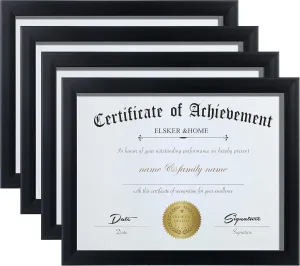 ELSKER&HOME 8.5x11 Picture Frame - Black Sturdy Wood Composite Certificate Frame - Semi-Tempered Glass - Includes Hanging Hardware and Desktop Easel - for Document/Diploma Frame (4 Pack)