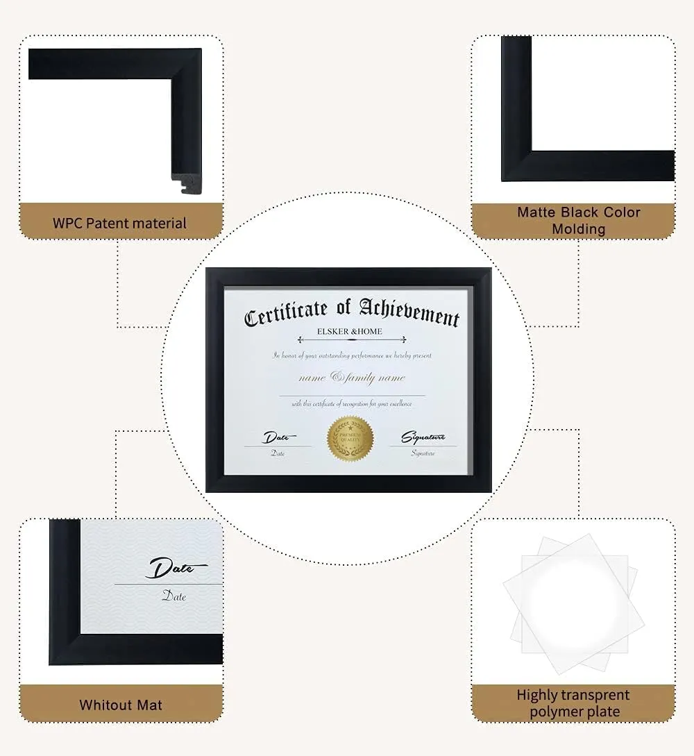 ELSKER&HOME 8.5x11 Picture Frame - Black Sturdy Wood Composite Certificate Frame - Semi-Tempered Glass - Includes Hanging Hardware and Desktop Easel - for Document/Diploma Frame (4 Pack)