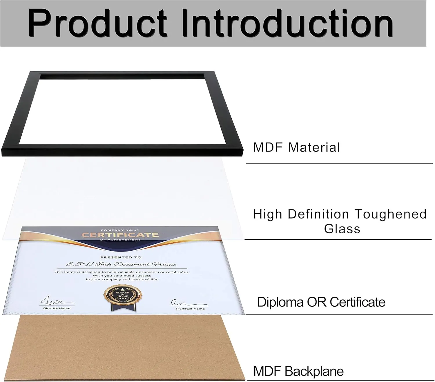ELSKER&HOME 8.5x11 Picture Frame - Certificate Document Frame 6 Pack with Semi-Tempered Glass - Black Sturdy Wood Composite Award Diploma Frame - Includes Hanging Hardware and Desktop Easel