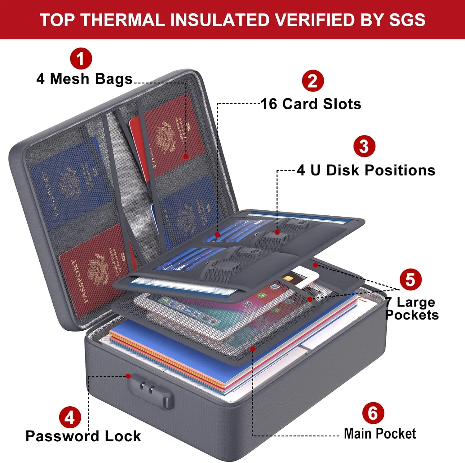 ENGPOW 5200°F Fireproof Document Bag with Lock, Upgraded Heat Insulated Fireproof＆Waterproof Box 8 Layers Document Organizer, Portable Home Travel Safe Storage Box for Important Files, Laptop, Gray