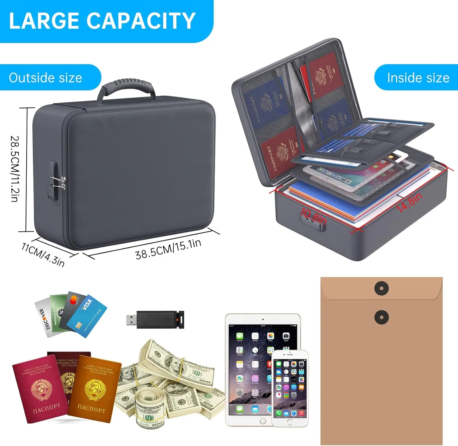 ENGPOW 5200°F Fireproof Document Bag with Lock, Upgraded Heat Insulated Fireproof＆Waterproof Box 8 Layers Document Organizer, Portable Home Travel Safe Storage Box for Important Files, Laptop, Gray