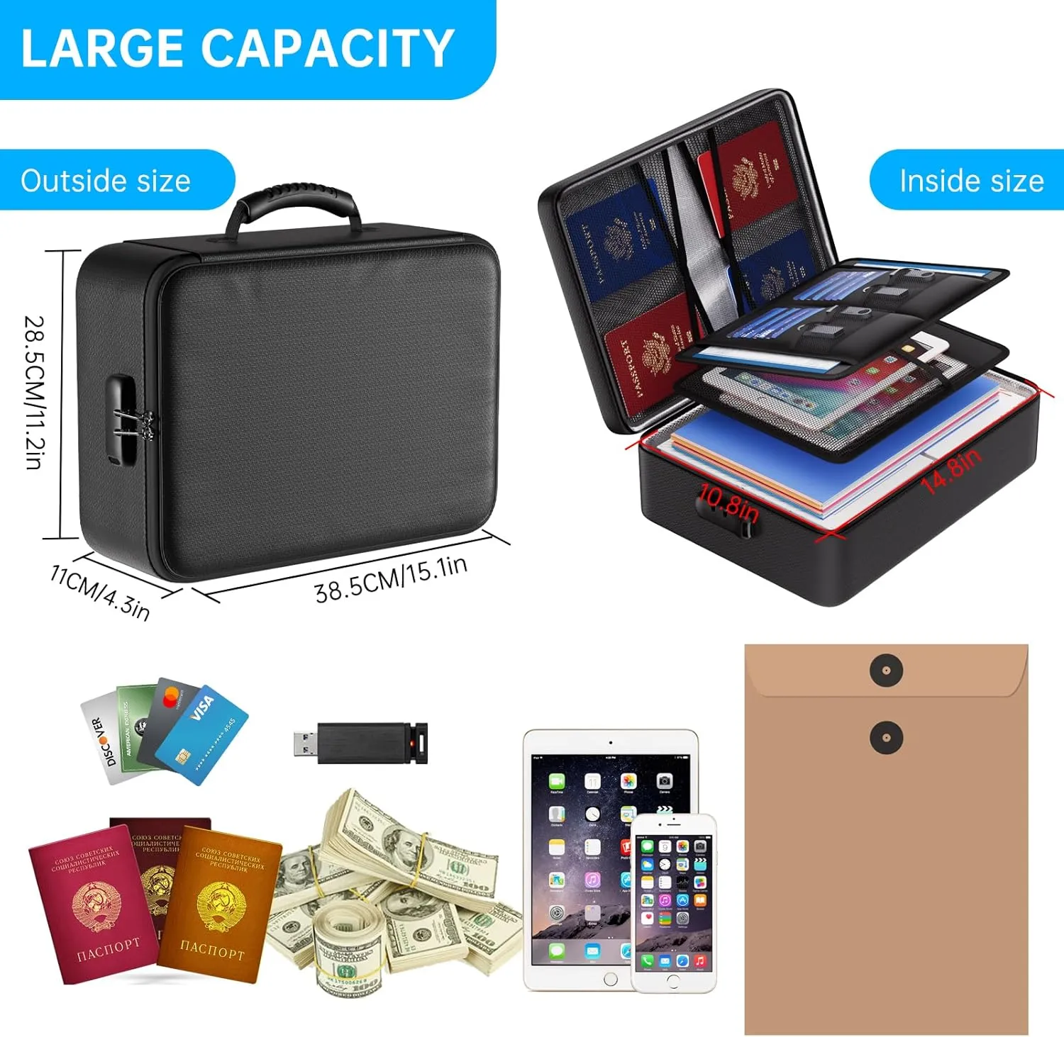 ENGPOW 5200°F Fireproof Document Bag with Lock,Upgraded Heat Insulated Fireproof＆Waterproof Box 8 Layers Document Organizer,Portable Home Travel Safe Storage for Important Documents, Files, Laptop