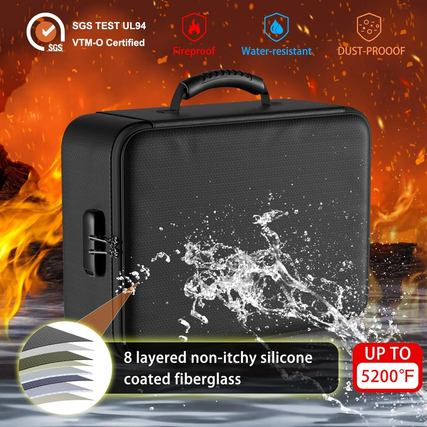 ENGPOW 5200°F Fireproof Document Bag with Lock,Upgraded Heat Insulated Fireproof＆Waterproof Box 8 Layers Document Organizer,Portable Home Travel Safe Storage for Important Documents, Files, Laptop