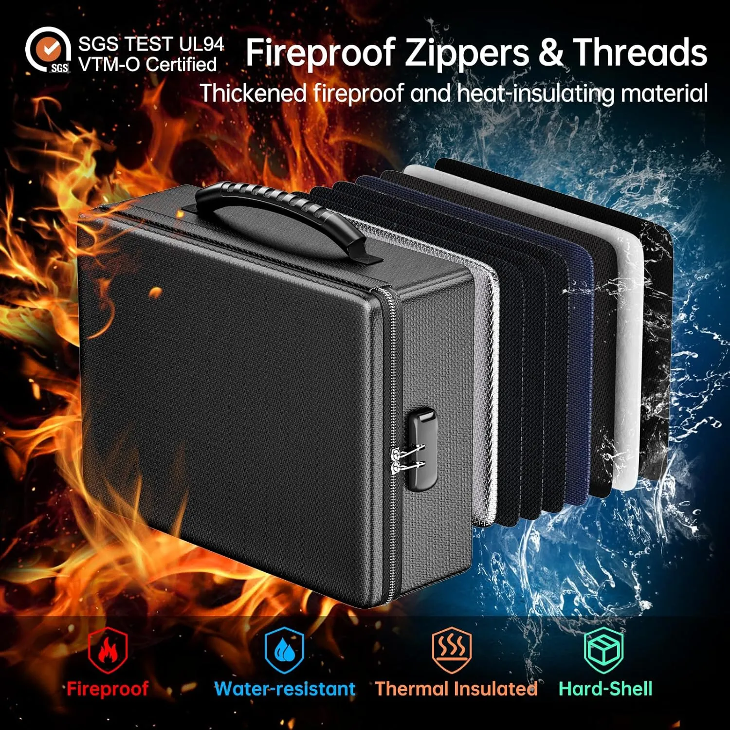 ENGPOW Fireproof Document Box, Hard Case File Box with Fireproof Zipper＆Lock, 6400°F Heat Insulated Fire and Water Resistant Portable File Organizer Storage Home Safe for Documents Laptop Cash Black