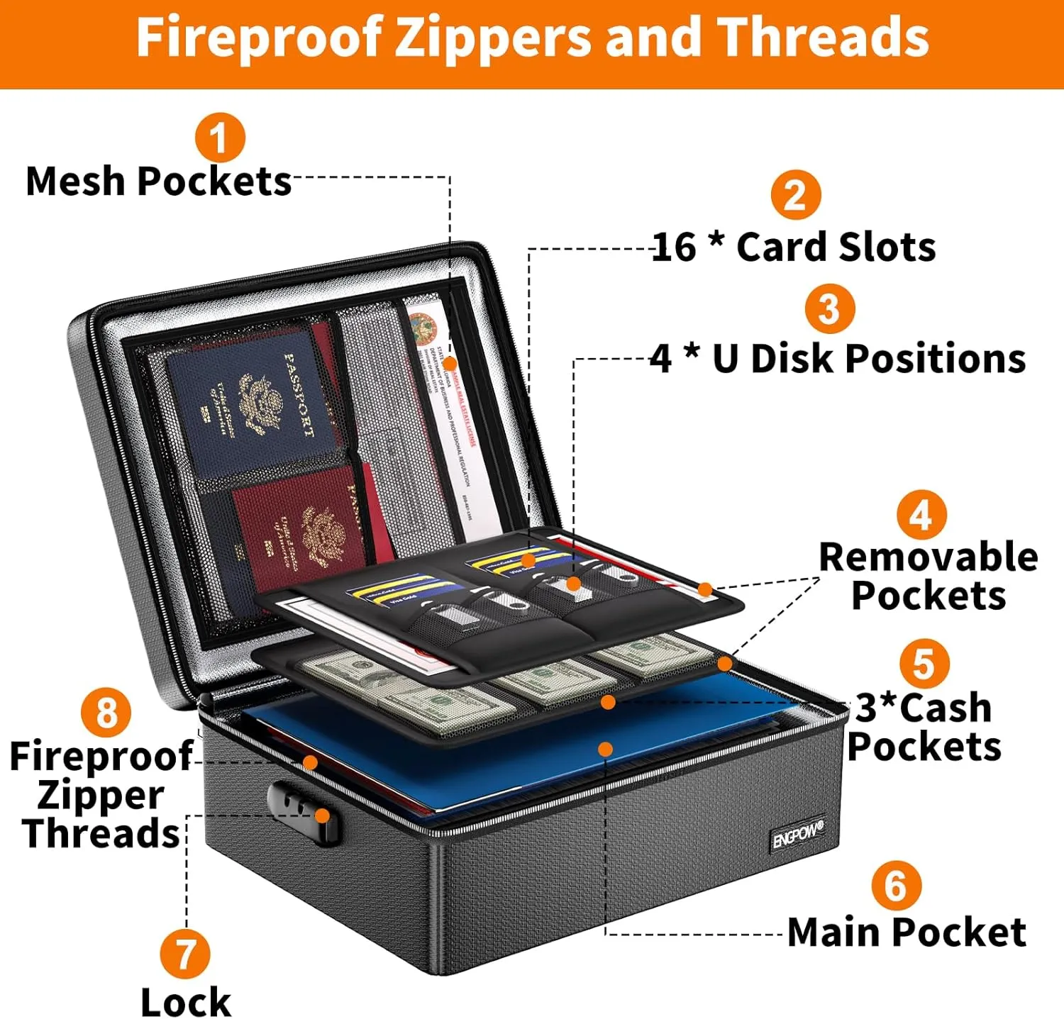 ENGPOW Fireproof Document Box, Hard Case File Box with Fireproof Zipper＆Lock, 6400°F Heat Insulated Fire and Water Resistant Portable File Organizer Storage Home Safe for Documents Laptop Cash Black