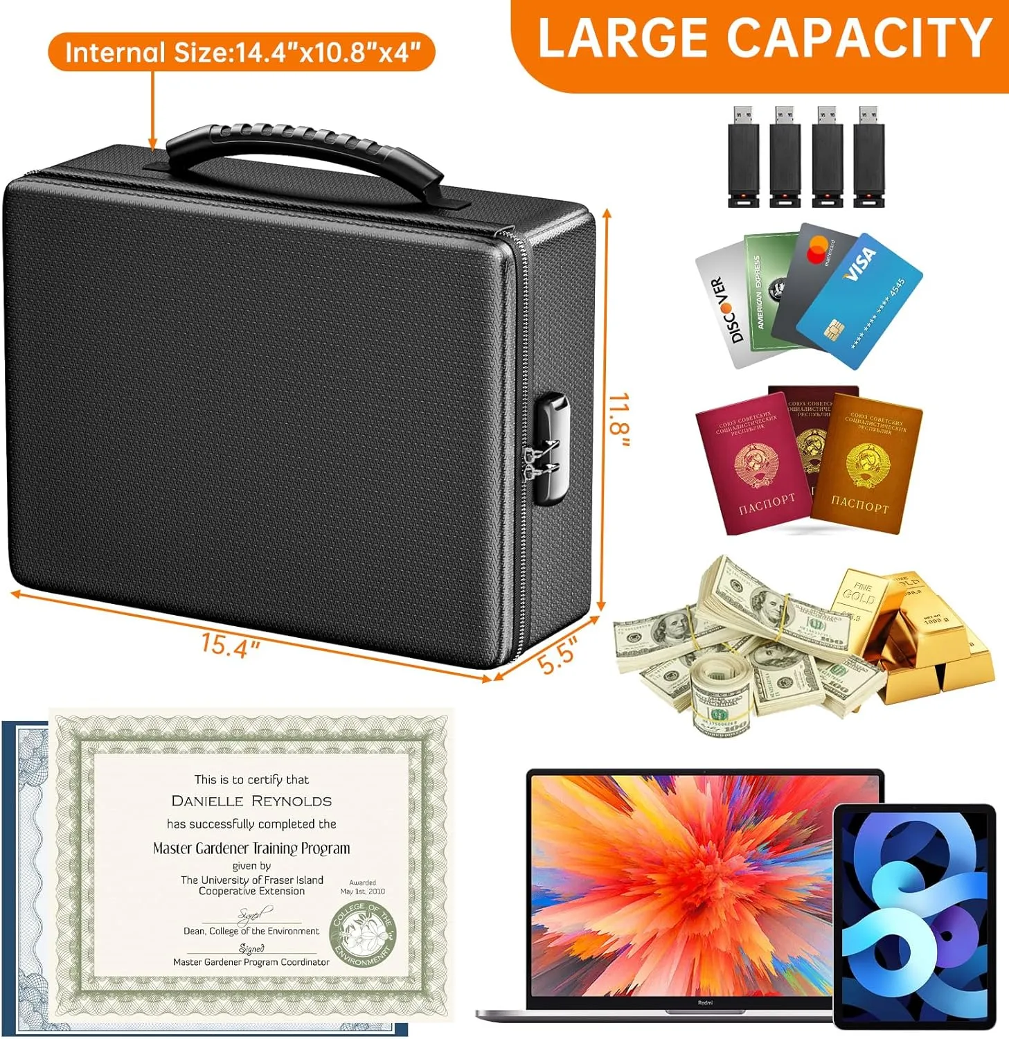 ENGPOW Fireproof Document Box, Hard Case File Box with Fireproof Zipper＆Lock, 6400°F Heat Insulated Fire and Water Resistant Portable File Organizer Storage Home Safe for Documents Laptop Cash Black