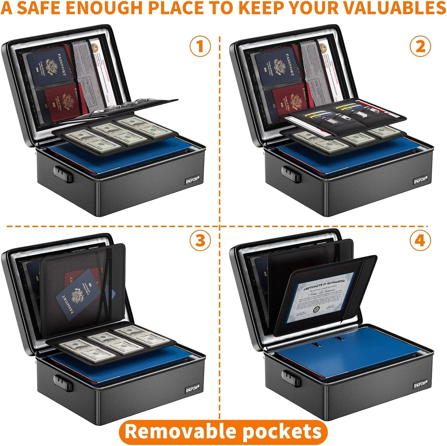 ENGPOW Fireproof Document Box, Hard Case File Box with Fireproof Zipper＆Lock, 6400°F Heat Insulated Fire and Water Resistant Portable File Organizer Storage Home Safe for Documents Laptop Cash Black