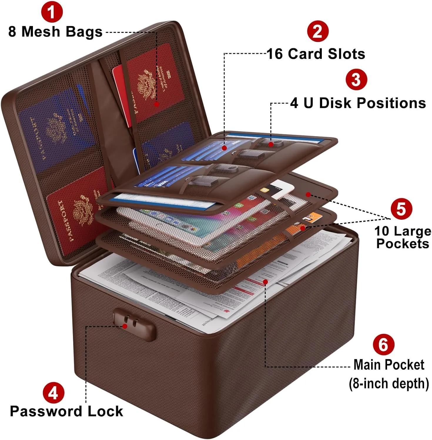 ENGPOW Large Document Organizer with Lock (15" x 11" x 8"), 4-Layer Fireproof ＆ Water-Resistant Safe Bag File Organizer Storage for Important Documents, Certificates, Laptop, Passports, Brown