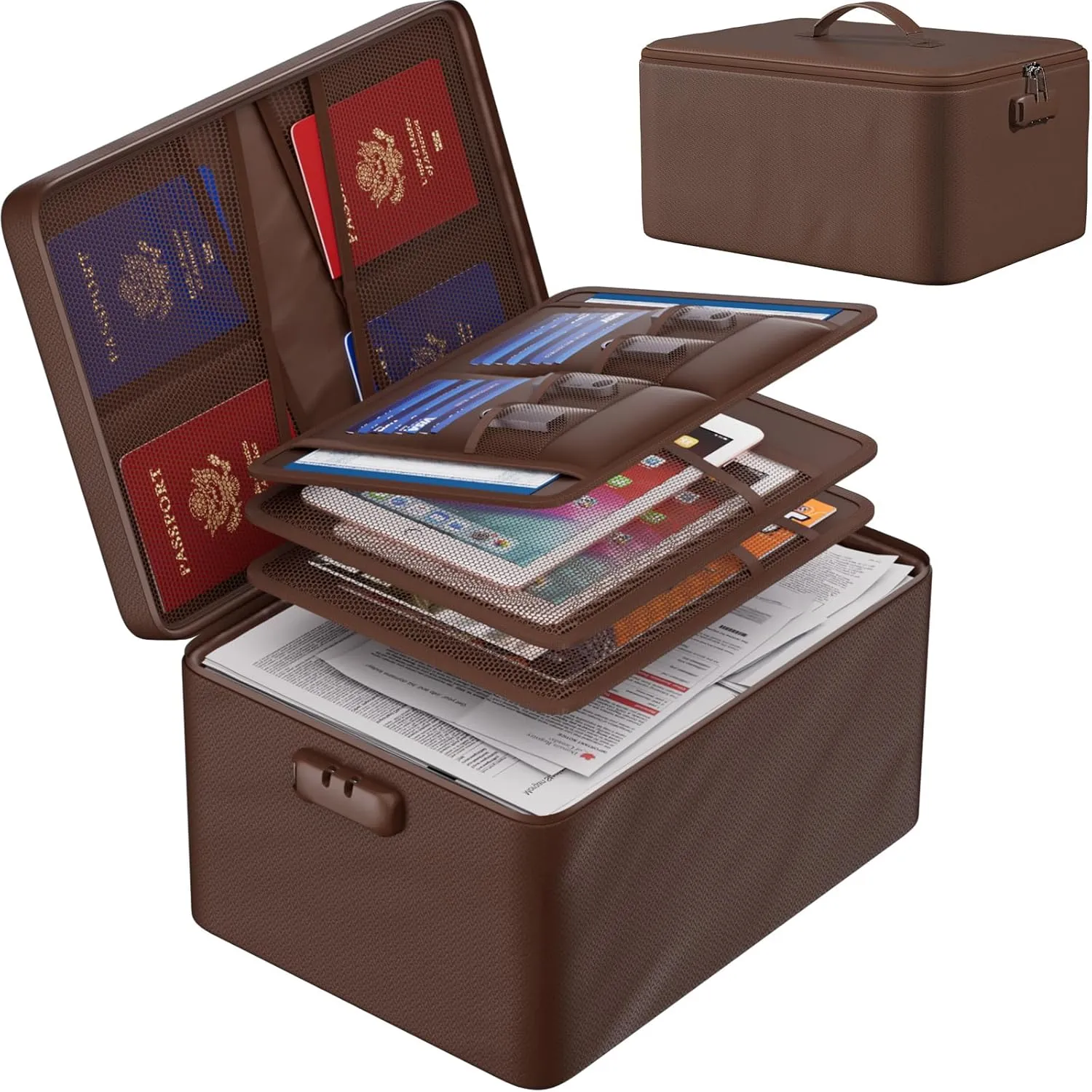 ENGPOW Large Document Organizer with Lock (15" x 11" x 8"), 4-Layer Fireproof ＆ Water-Resistant Safe Bag File Organizer Storage for Important Documents, Certificates, Laptop, Passports, Brown