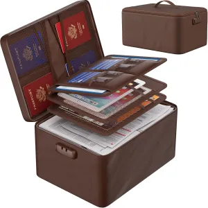 ENGPOW Large Document Organizer with Lock (15" x 11" x 8"), 4-Layer Fireproof ＆ Water-Resistant Safe Bag File Organizer Storage for Important Documents, Certificates, Laptop, Passports, Brown