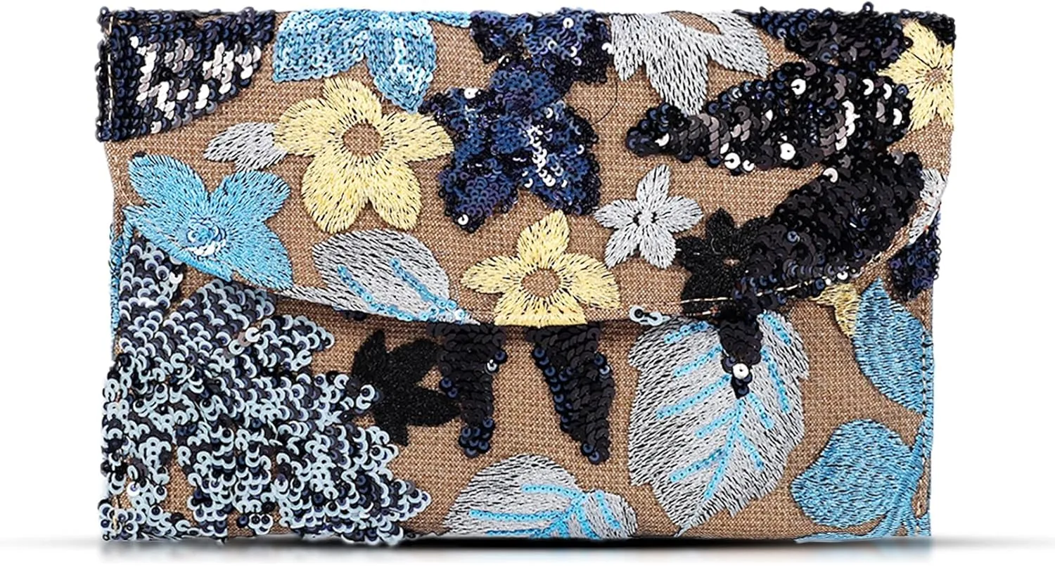 Envelope Package, Clutch Purses for Women, Sequin Embroidered Flowers Straw Bag, Bohemian Handmade Handbags, Beach Bag for Vacation, Travel, Banquet(Black Flower)