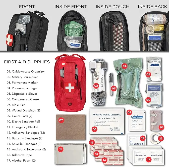 EPG Hiking First Aid Kit (IFAK) | 44 Piece | Compact Personal First Aid Kit | Backpacking, Camping, Emergency, Travel, Tactical, Go Bag, Bug Out Bag, 72 Hour Kit, Essentials, EDC, Survival IFAK - Red