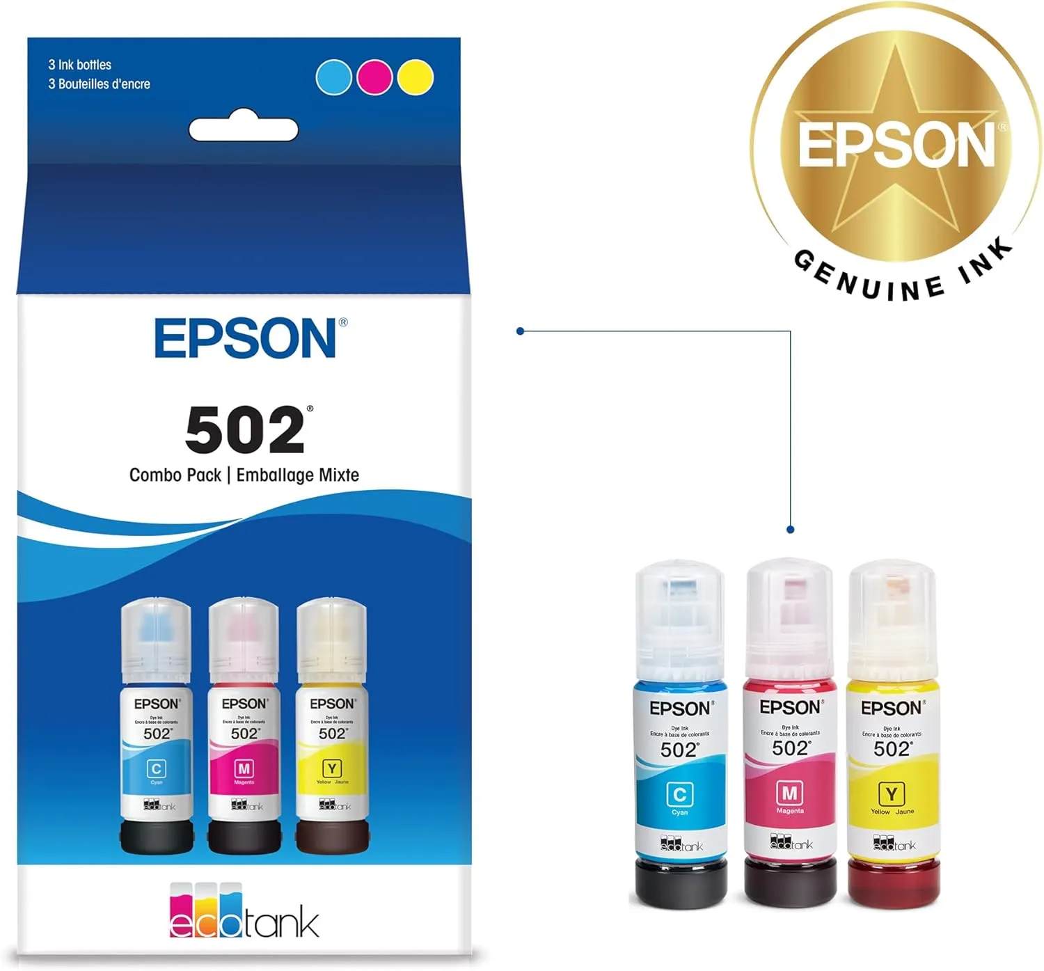 EPSON 502 EcoTank Ink Ultra-high Capacity Bottle Color Combo Pack Works with ET-2750, ET-2760, ET-2850, ET-3750, ET-3760, ET-3850, ET-4850, and other select EcoTank models