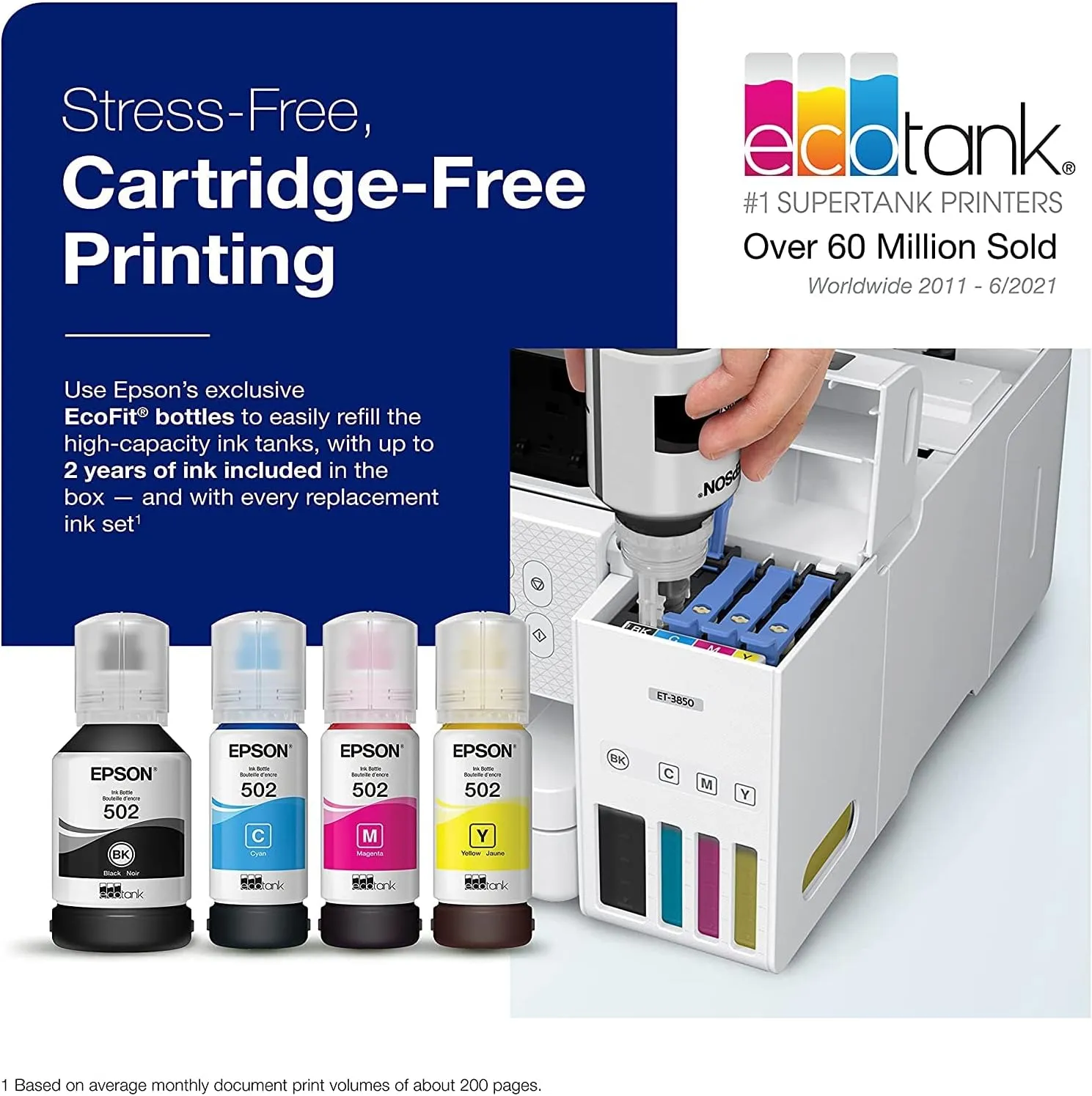 Epson EcoTank Wireless Color All-in-One Cartridge-Free ET-3850 Supertank Inkjet Printer for Home Office, Scanner, Copier, ADF and Ethernet, Mobile Printing, with Bonus Black Ink Bottle & USB Cable