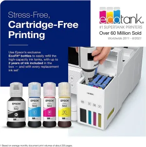 Epson EcoTank Wireless Color All-in-One Cartridge-Free ET-3850 Supertank Inkjet Printer for Home Office, Scanner, Copier, ADF and Ethernet, Mobile Printing, with Bonus Black Ink Bottle & USB Cable