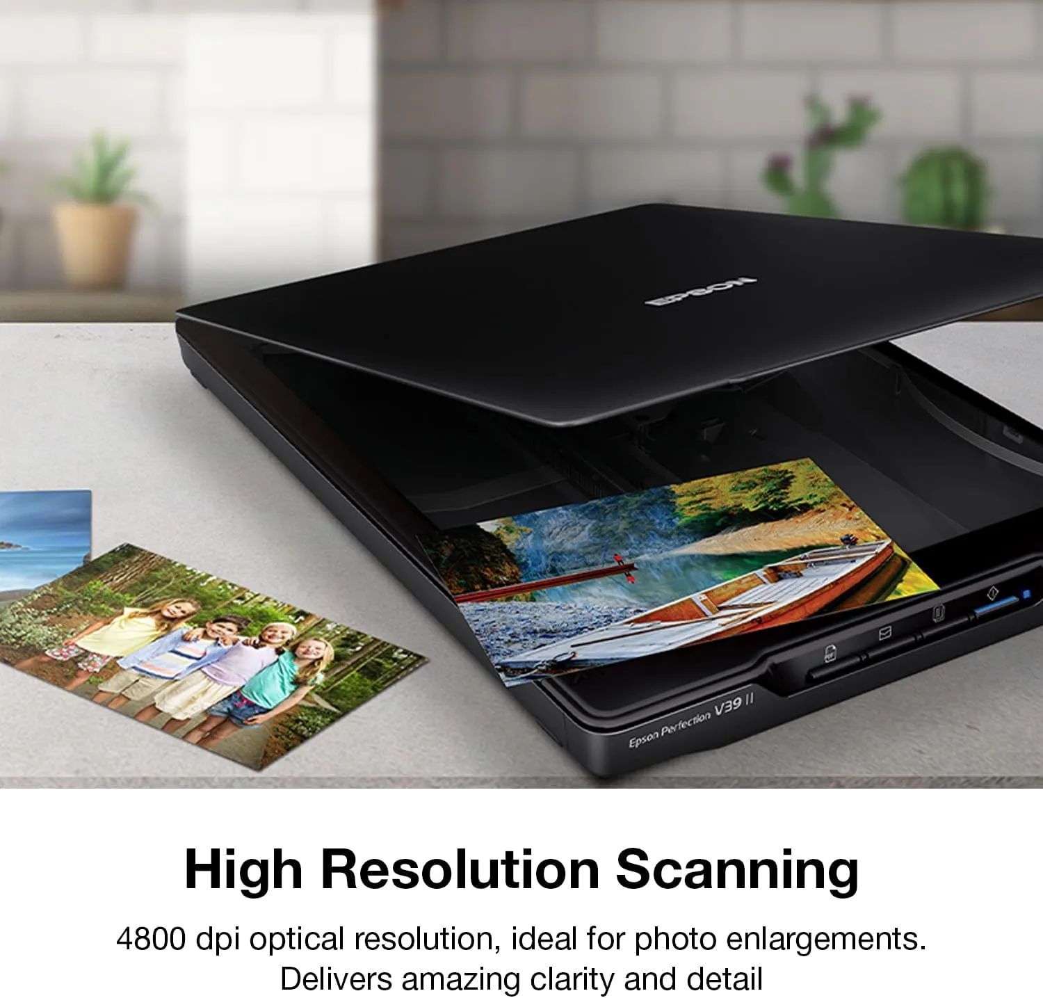Epson - Perfection V39 II - Color Photo and Document Flatbed Scanner - 4800 dpi Optical Resolution - High-Rise, Removable Lid - Scan to Cloud - USB Power - Image Scanning - Black