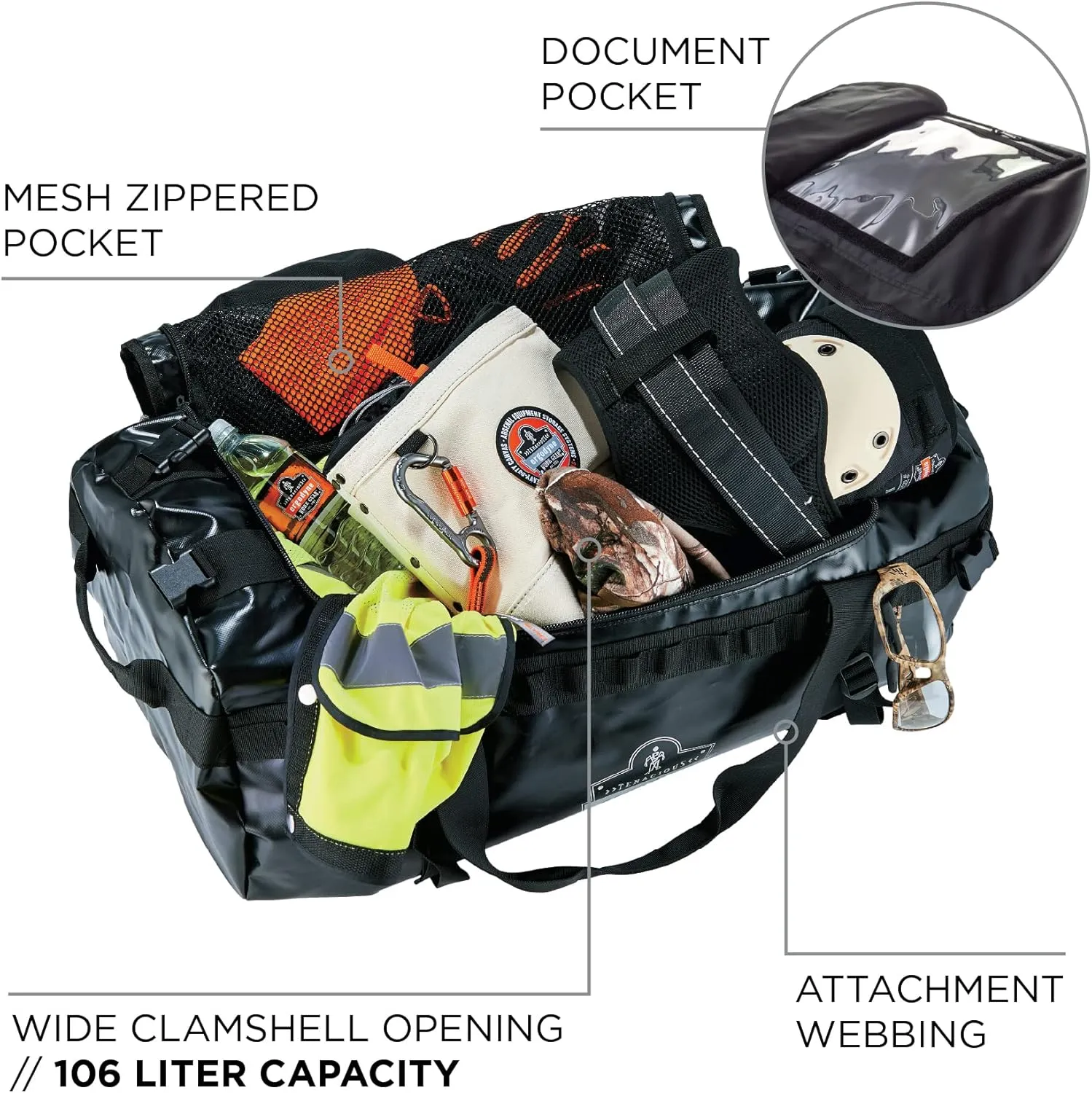 Ergodyne Arsenal 5030M Medium Tarpaulin Water Resistant Duffel Bag w/ Removable Shoulder Straps , Black
