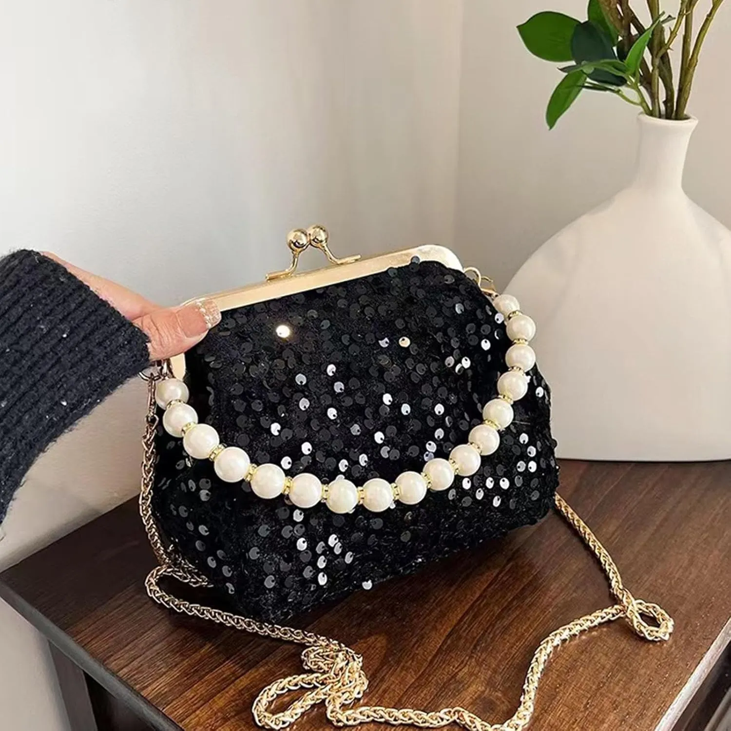 Evening Clutch Purses for Women, Glitter Sequin Crossbody Bag, Elegant Evening Handbag with Pearl for Wedding, Prom