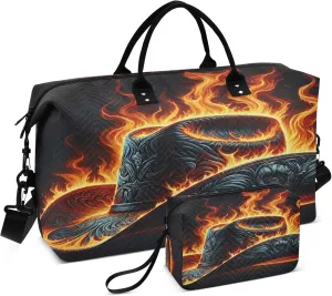 Exnundod Cowboy Hat Fire Travel Duffel Bags for Women American Western Sports Gym Bag Weekender Carry On Tote Overnight Luggage Duffle Bags