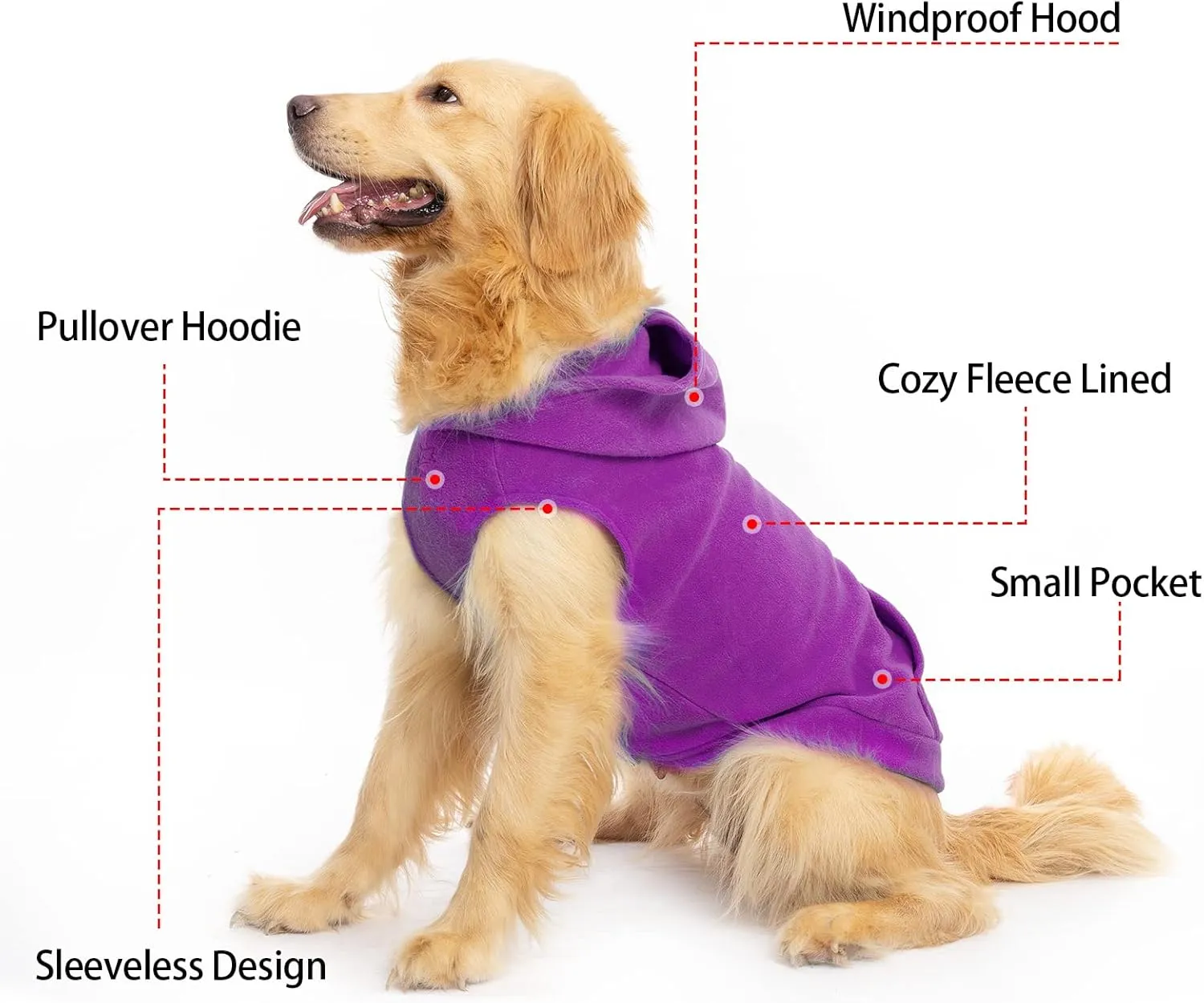 EXPAWLORER Dog Hoodie with Pocket, Polar Fleece Dog Sweatshirt Fall Cold Winter Sleeveless Sweater with Hood, Warm Cozy Pet Clothes for Small to Large Dogs Boys and Girls (Purple, XL)