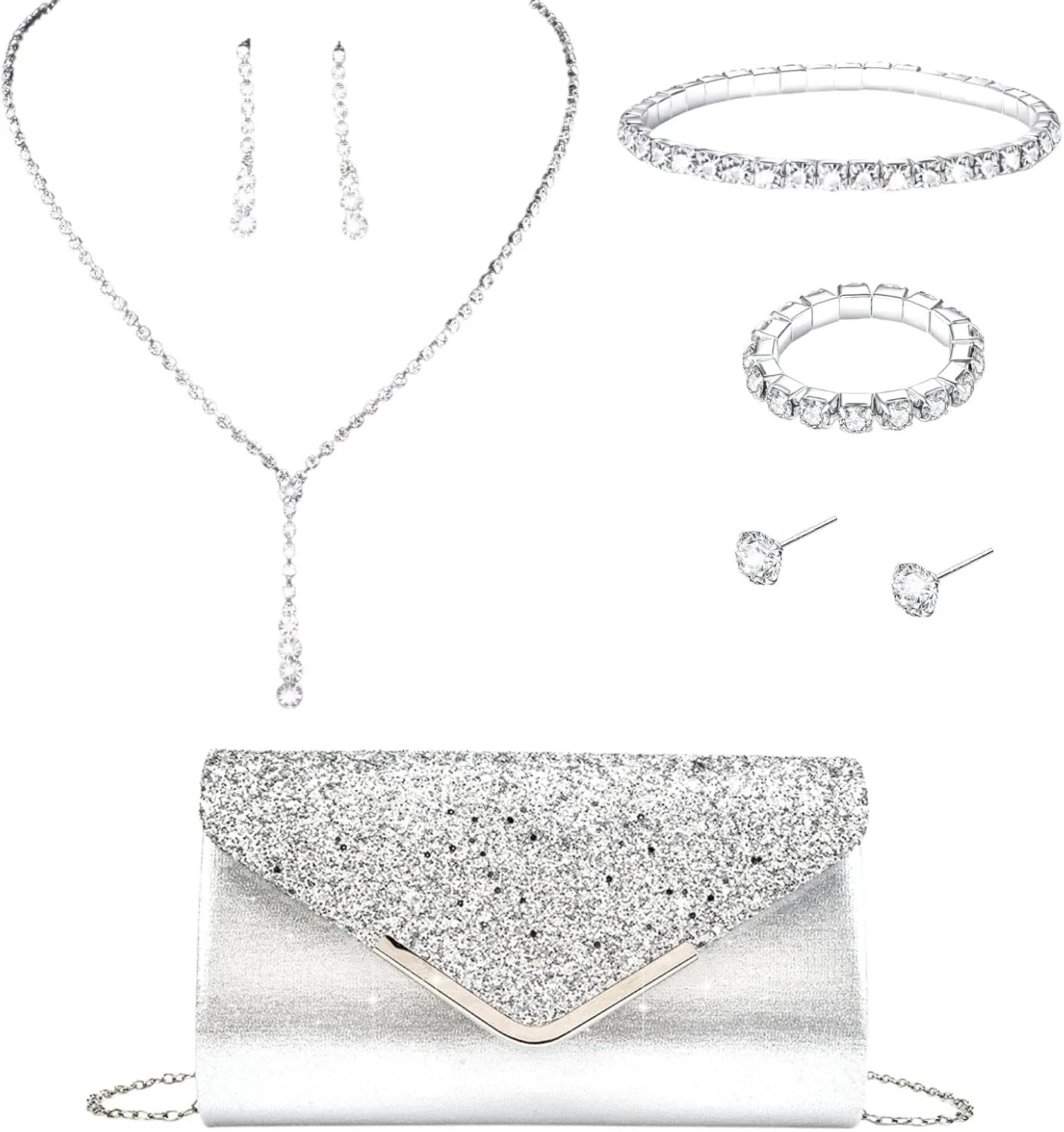 FABMODE 6Pcs Silver Evening Clutch Purse for Women with Rhinestone Jewelry Set Weddings Proms Gift