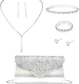 FABMODE 6Pcs Silver Evening Clutch Purse for Women with Rhinestone Jewelry Set Weddings Proms Gift