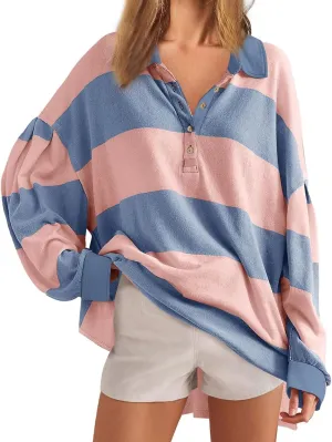Fall Shirts for Women Long Sleeve Striped Button Down Sweatshirts Causal Fashion Pullover Blouses Plus Size Tops Tees