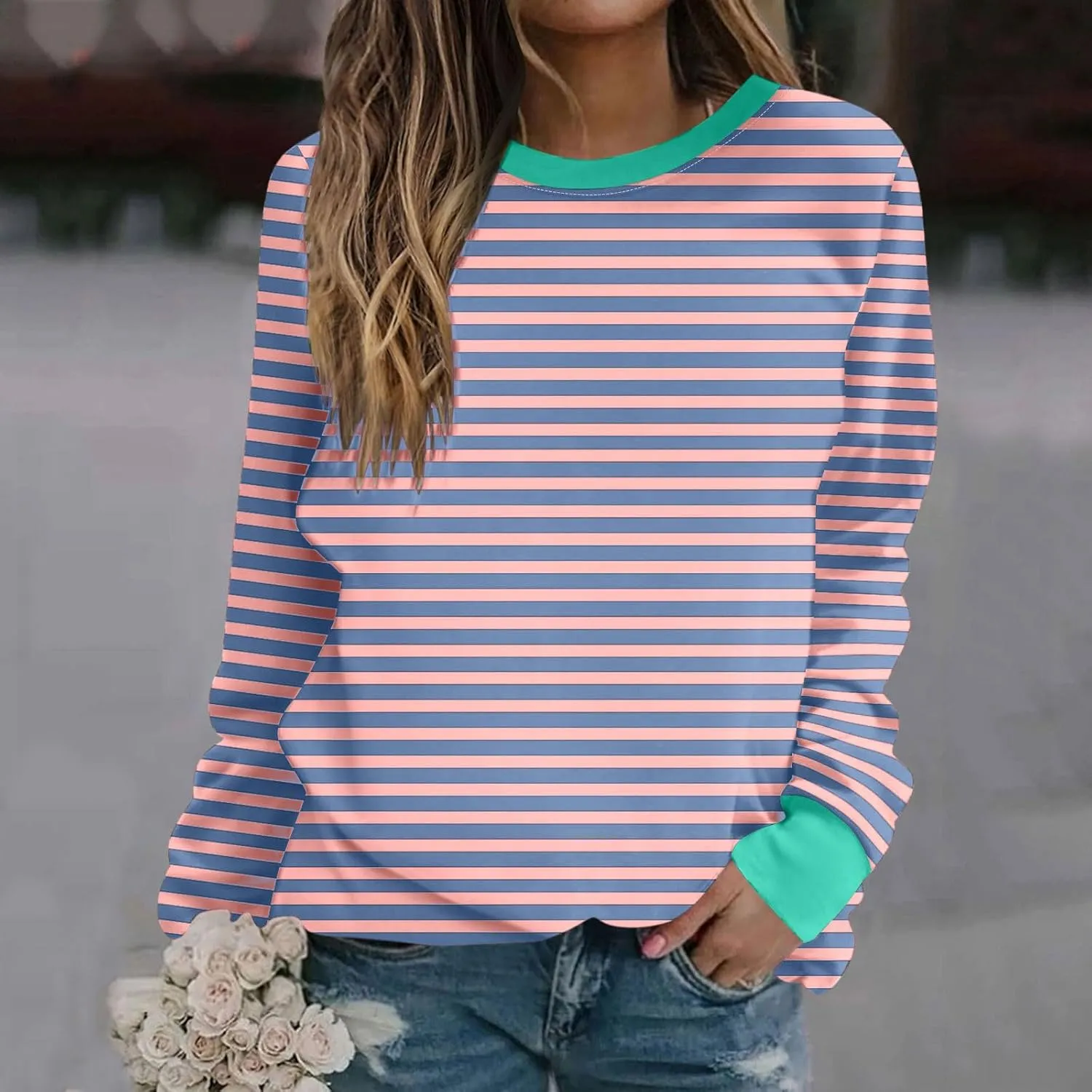 Fall Sweatshirts for Women Fashion 2024 Oversized Crewneck Striped Long Sleeve Shirts Hoodies Preppy Top Y2K Outfits