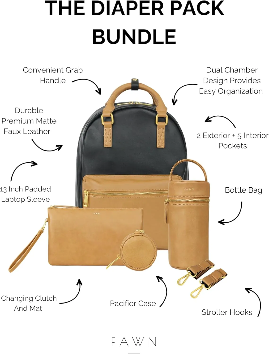 FAWN DESIGN Diaper Pack Ultimate Bundle (Classic Backpack with Contemporary Diaper Bag Features) (Black/Tan Bundle)