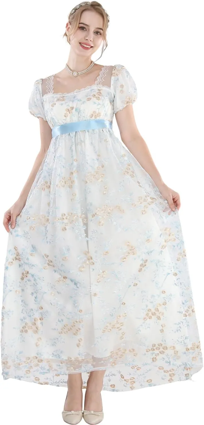 FCCAM Womens Regency Dresses Costume Empire Waist Dress Victorian Ball Gown 1800s Regency Era Dress