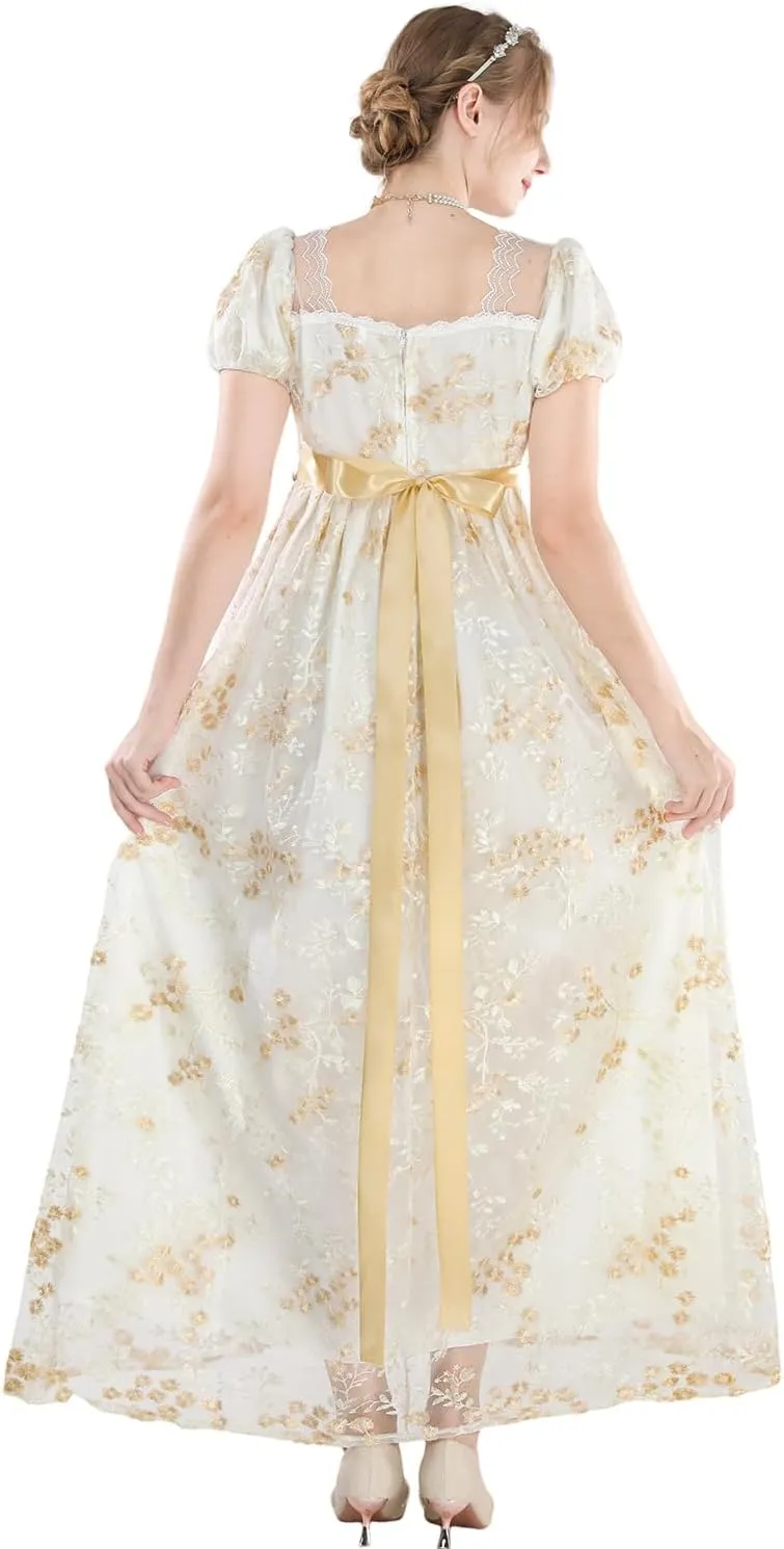 FCCAM Womens Regency Dresses Costume Empire Waist Dress Victorian Ball Gown 1800s Regency Era Dress