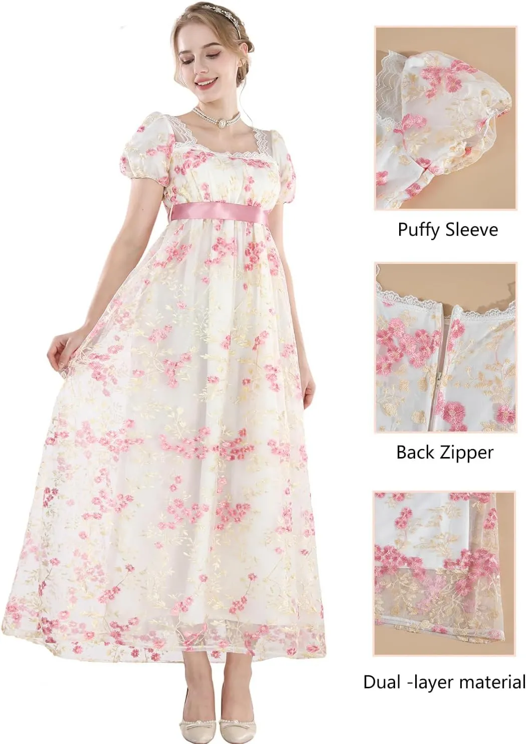 FCCAM Womens Regency Dresses Costume Empire Waist Dress Victorian Ball Gown 1800s Regency Era Dress