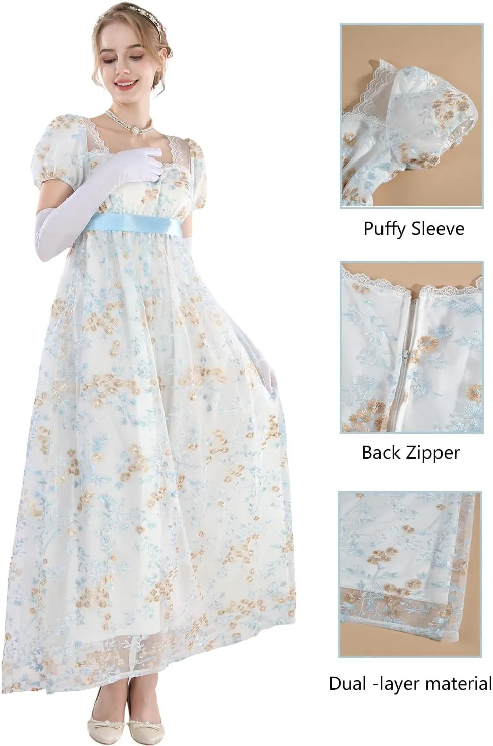 FCCAM Womens Regency Dresses Costume Empire Waist Dress Victorian Ball Gown 1800s Regency Era Dress