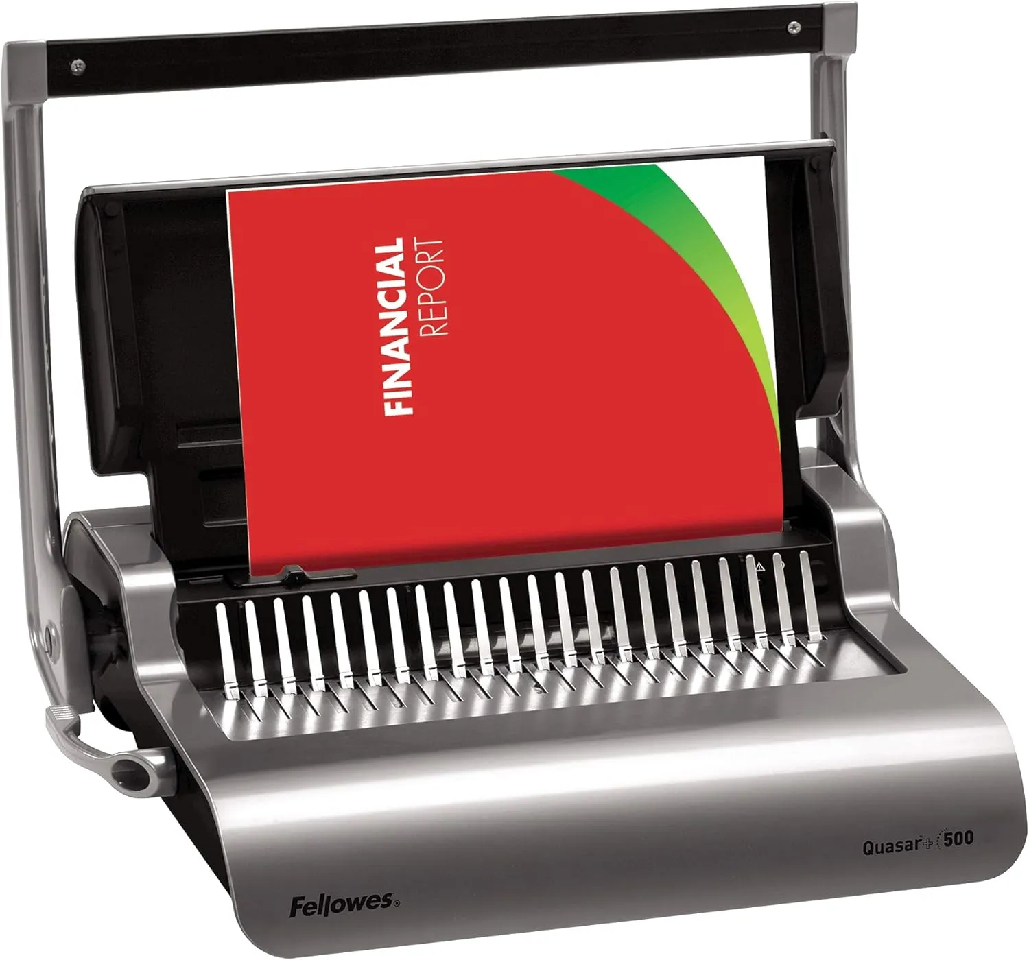 Fellowes Quasar  Binding Machine for Office - 21-Hole, 500 Sheet Manual Paper Punch Comb Binder Machine with Starter Kit 10 Comb Bindings - Ideal for Office Use - Silver