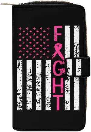 Fight Breast Cancer Flag Purses for Women Zipper Leather Clutch Purse Travel Handbag Card Case Wallet