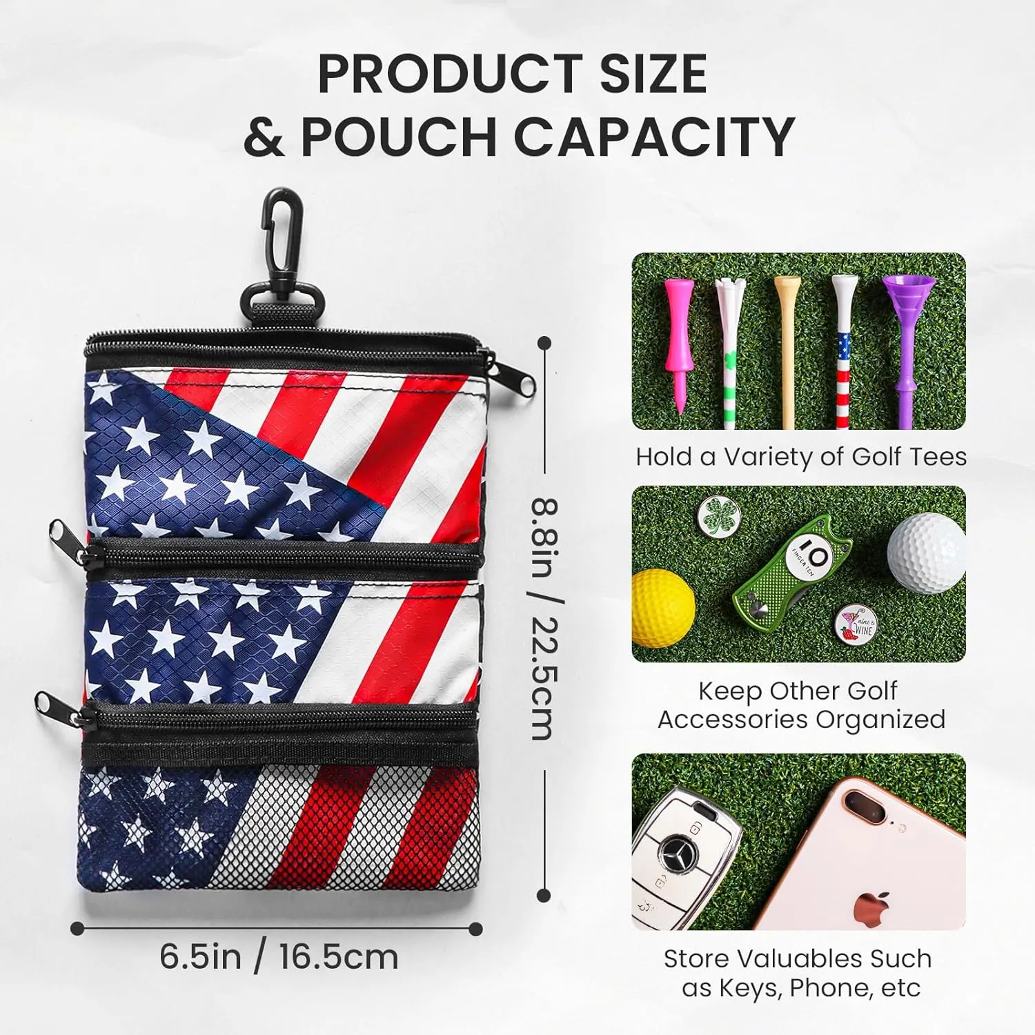 FINGER TEN Golf Pouch Bag for Valuables Tee Color with 4 Golf Pencil Pack, Zippered Pocket Gear Clip Hook to Bag