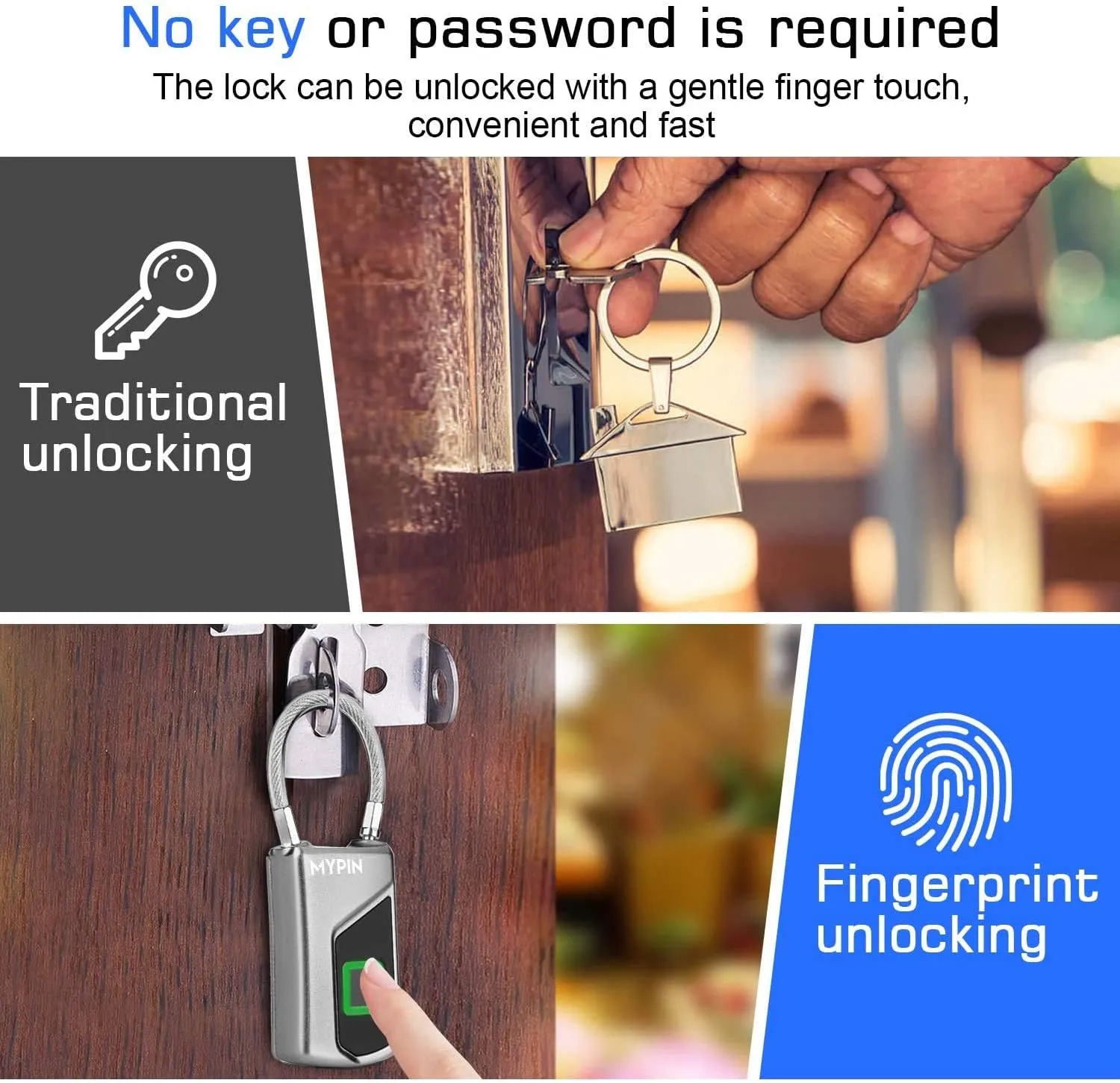 Fingerprint Lock with Key Backup, Smart keyless Waterproof Fingerprint Padlock Ideal for Gym, Door, Suitcase, Luggage Backpack, Bike, Office