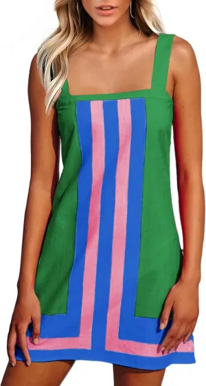 Fiona Jolin Women's Striped Mini Dress Boho Shoulder Strap Sundress Summer Cover Up Dress for Beach