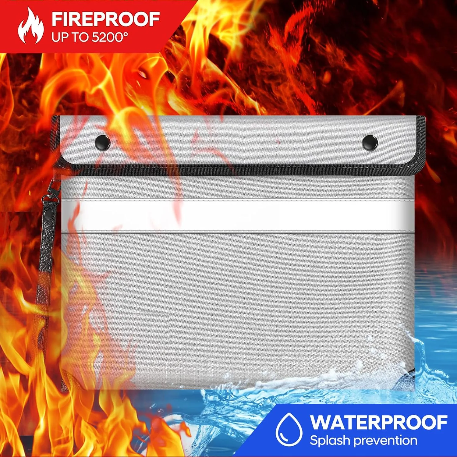 Fire Proof Bag For Documents,5200°F Heat Insulated Fire Proof Pouch with Soft Leather Hand Strap,13.9x10.6 Inch Fireproof Money Bag for Cash/Documents/Valuables(Silvery)