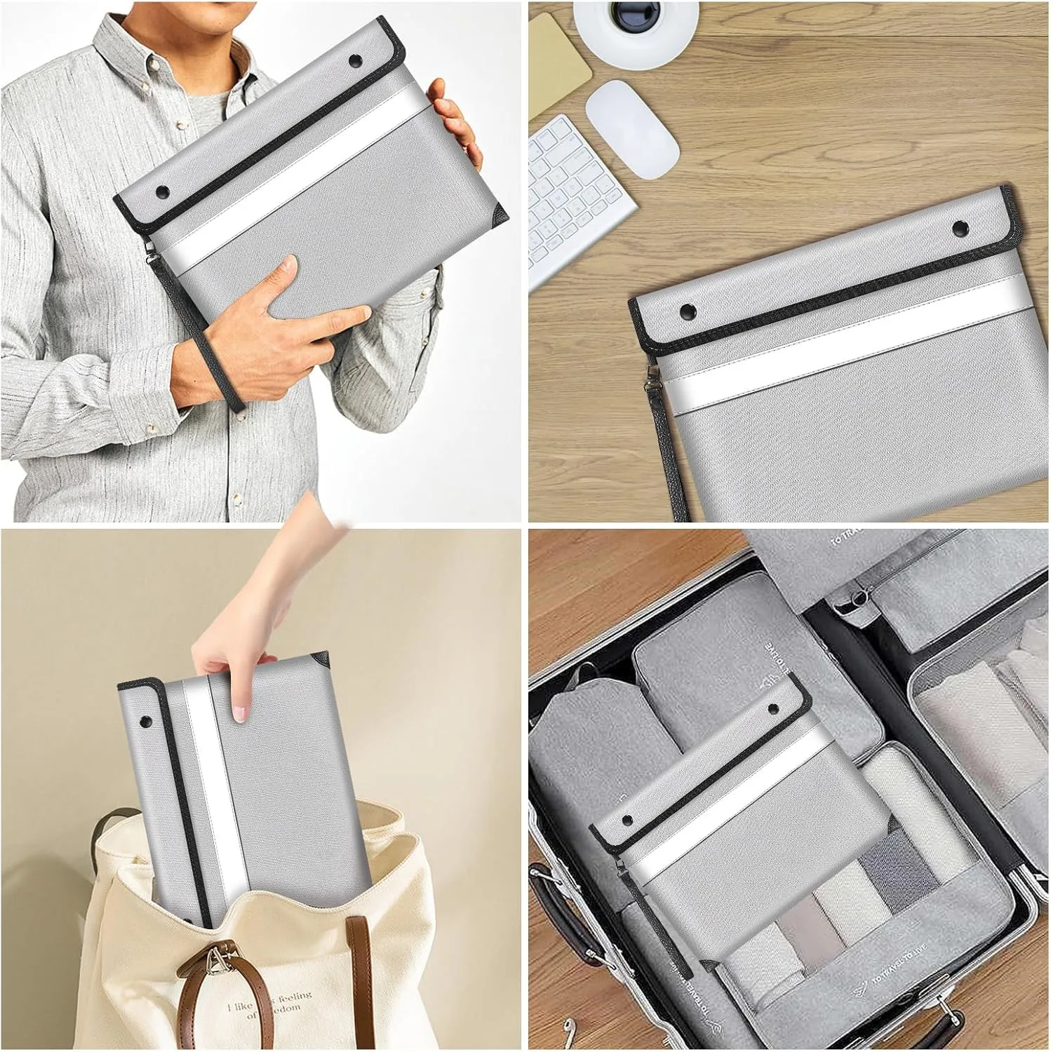 Fire Proof Bag For Documents,5200°F Heat Insulated Fire Proof Pouch with Soft Leather Hand Strap,13.9x10.6 Inch Fireproof Money Bag for Cash/Documents/Valuables(Silvery)