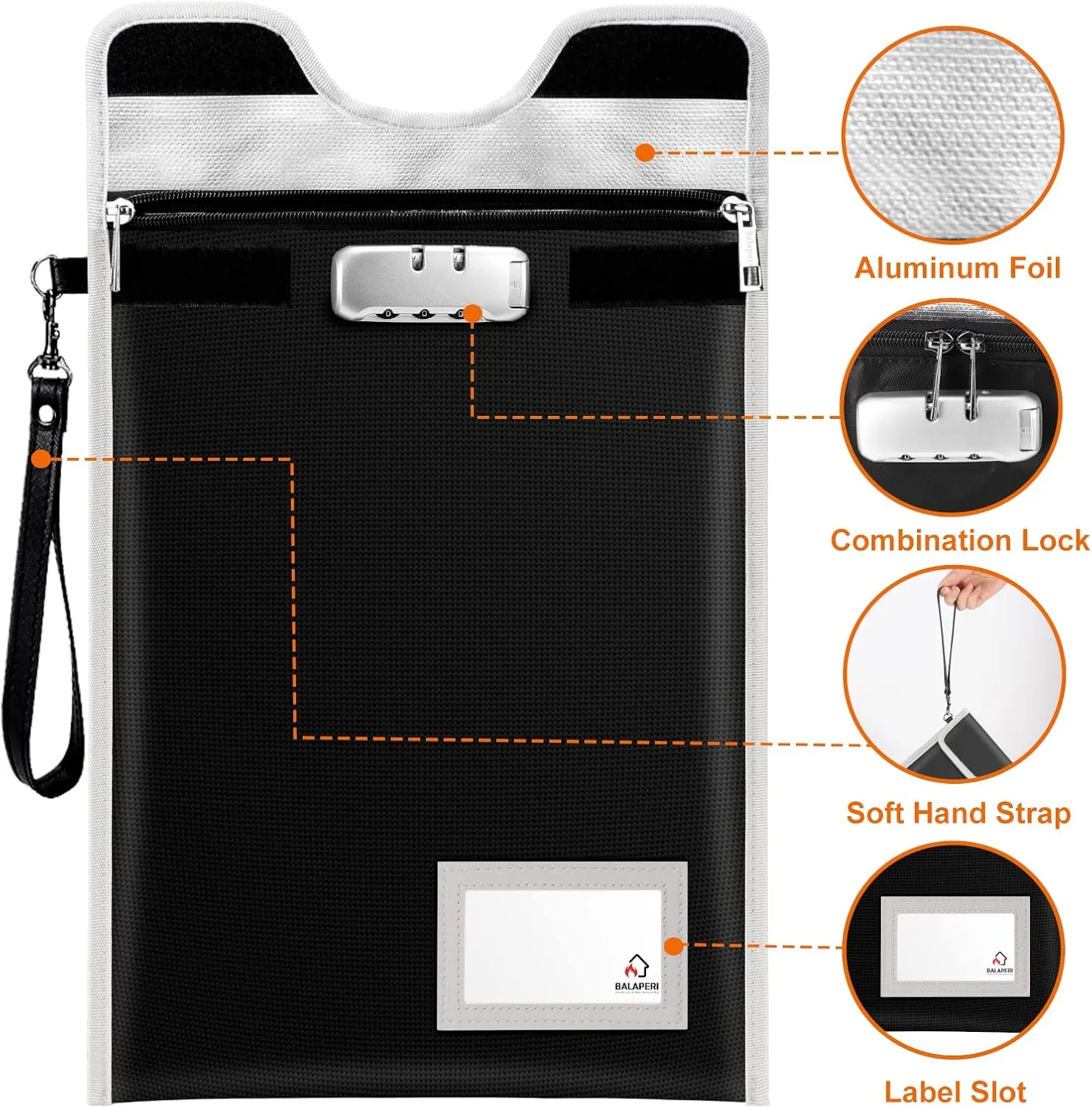 Fireproof Bag with Lock (5200℉), BALAPERI 15”x 11”Fireproof Document Bag, Fireproof Money Bag for A4 A5 Legal Letter Size Document, Tablet, Valuables, Jewelry, Cash and Passport