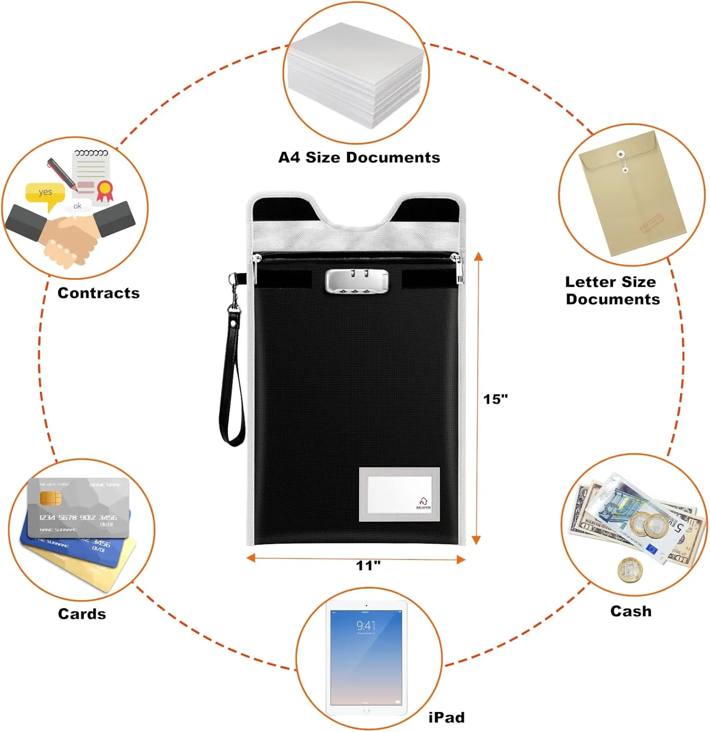 Fireproof Bag with Lock (5200℉), BALAPERI 15”x 11”Fireproof Document Bag, Fireproof Money Bag for A4 A5 Legal Letter Size Document, Tablet, Valuables, Jewelry, Cash and Passport