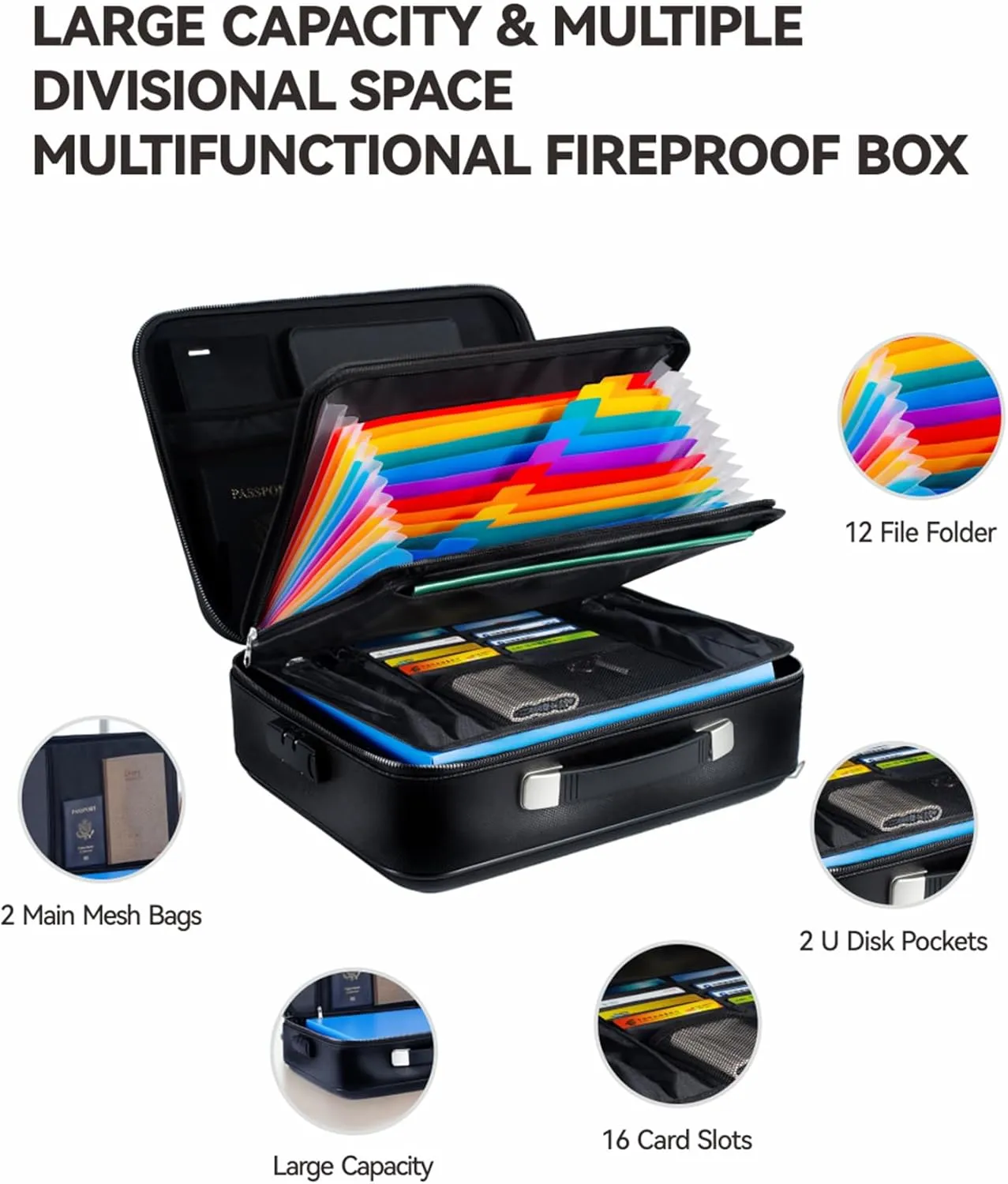 Fireproof Document Box 8 Layer File Organizer Box with Lock. Important Document with File Folder, Laptop, Portable Travel Safe