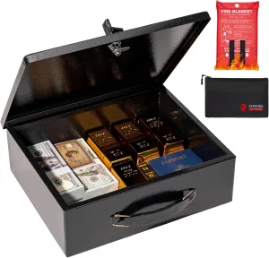 Fireproof Document Box with Key Lock & Fireproof Money Bag & Fire Blankets,Fire Safe Box for Valuables,Fire Resistance Portable Security Chest,Fireproof Box for Documents,Extra Large, Black