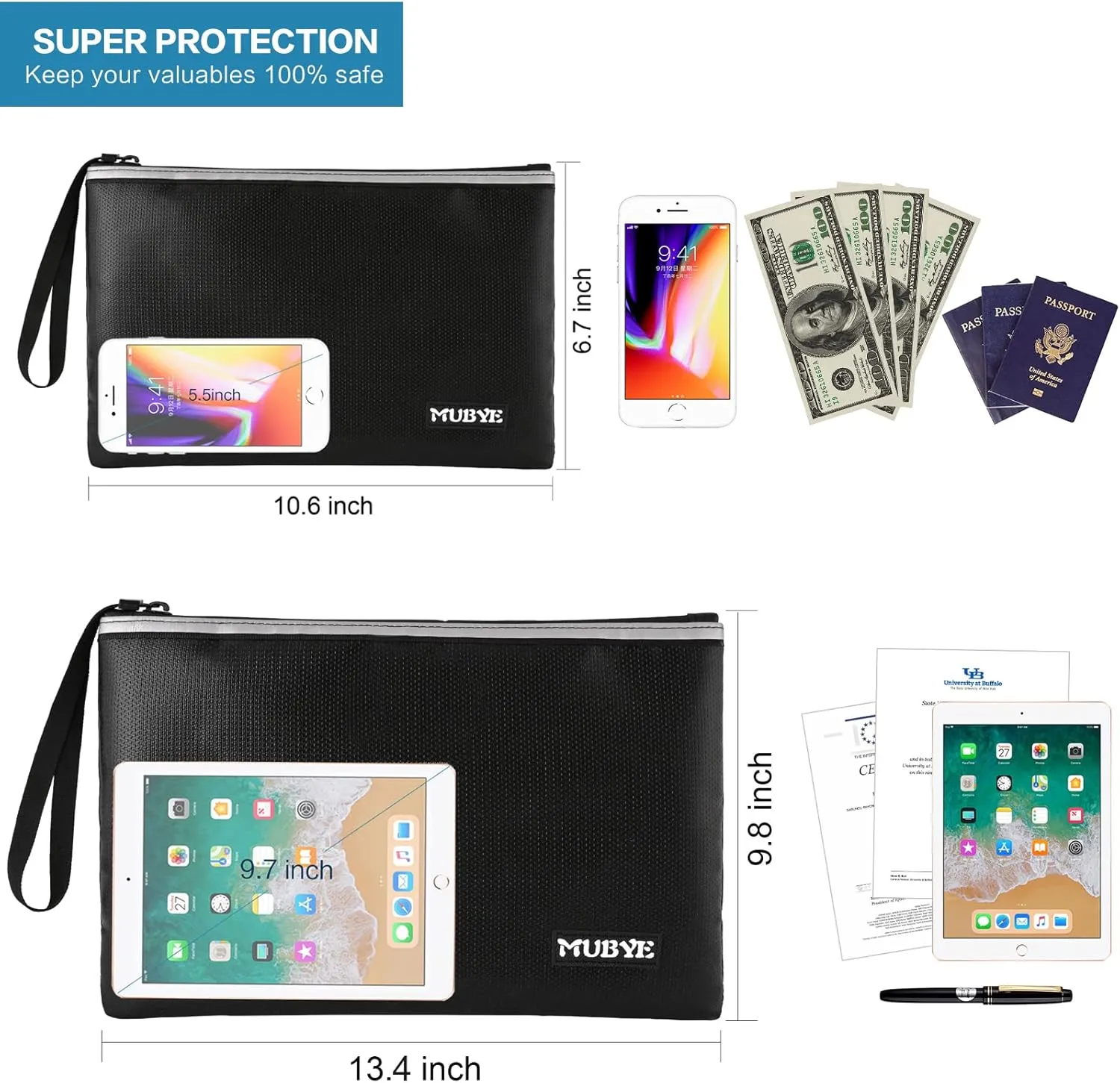 Fireproof Waterproof Money Document Bag - 2 Pack Safe Zipper Bags with Reflective Strip, Fire & Water Proof Storage Organizer Pouch for A4,File,Cash,Passport,Table(13.4" x 9.8" and 10.6" x 6.7")