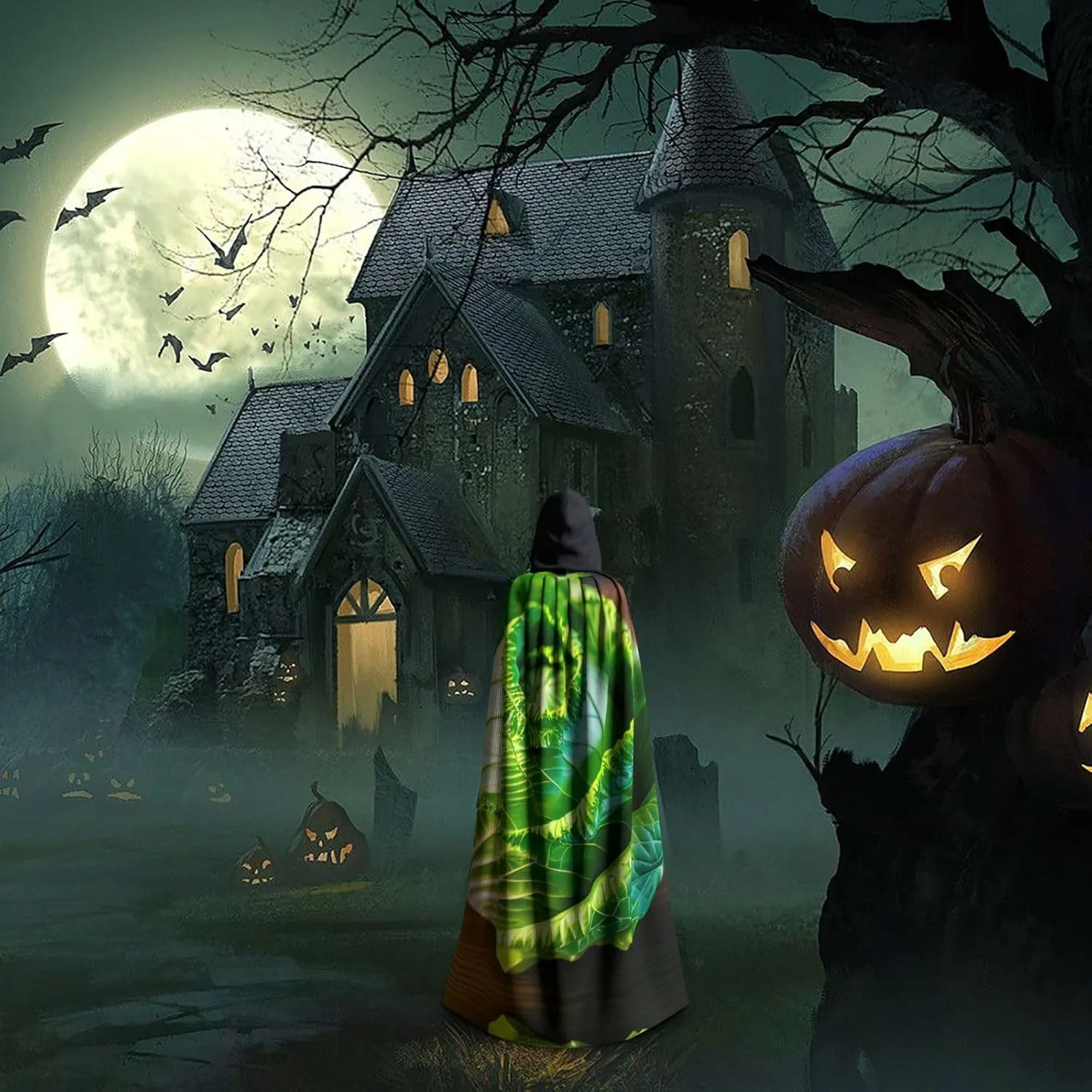fireworks pattern Hooded Cape Unisex Halloween Cloak for Devil Witch Wizard Halloween Christmas Cosplay