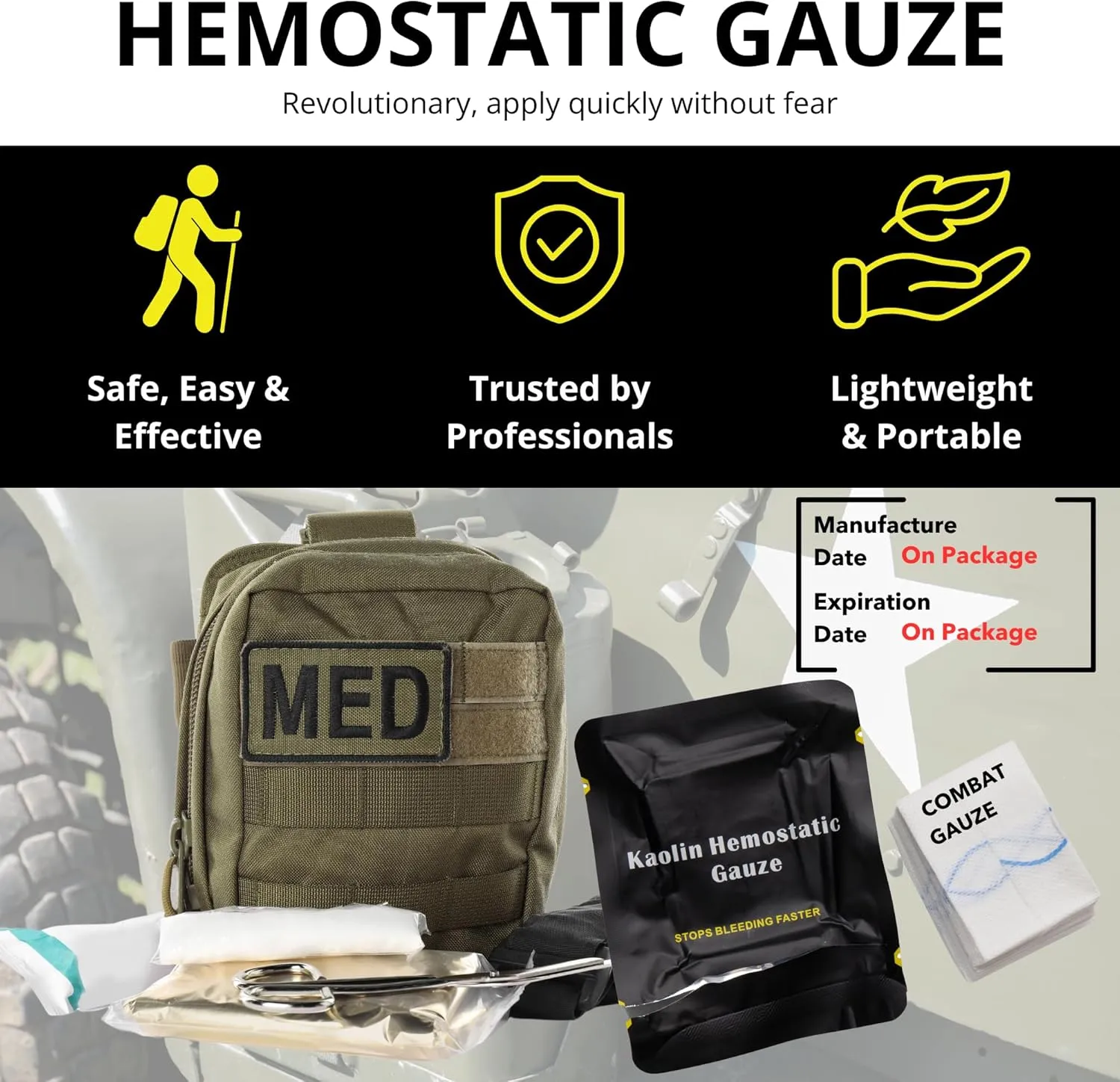 First Aid Advanced Quick Clotting Combat Gauze - Flexible Hemostatic - Stop The Bleed kit Faster Wound Packing Gauze with Quick Clotting Medical - Survival Kit Supplies - 3" x 12.5'