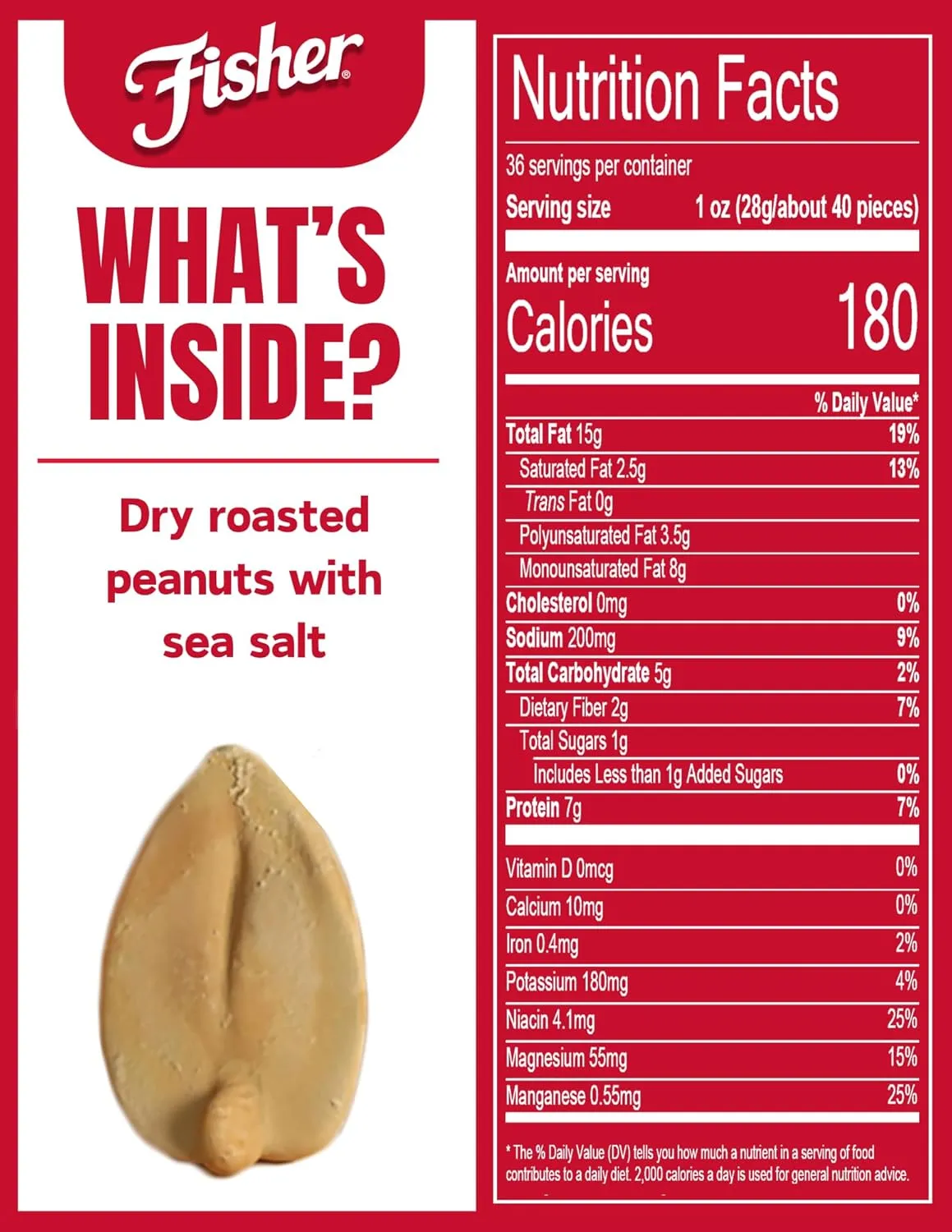 Fisher Snack Sea Salt Dry Roasted Peanuts, 36 Ounces, No Artificial Colors or Flavors