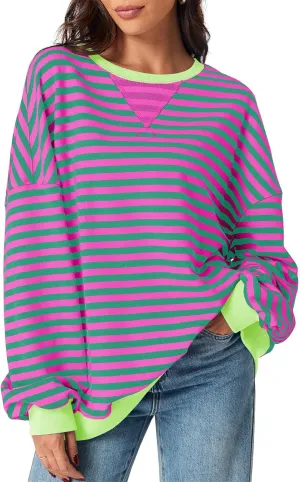 Fisoew Womens Striped Oversized Sweatshirt Color Block Crew Neck Long Sleeve Shirt Casual Loose Pullover Top Y2K Clothes