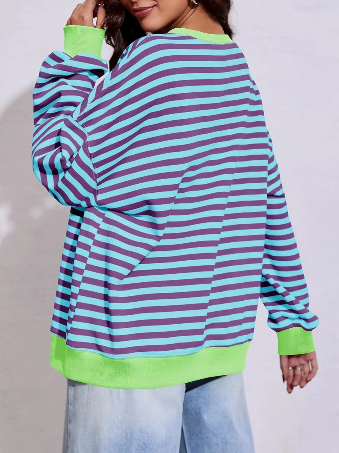 Fisoew Womens Striped Oversized Sweatshirt Color Block Crew Neck Long Sleeve Shirt Casual Loose Pullover Top Y2K Clothes